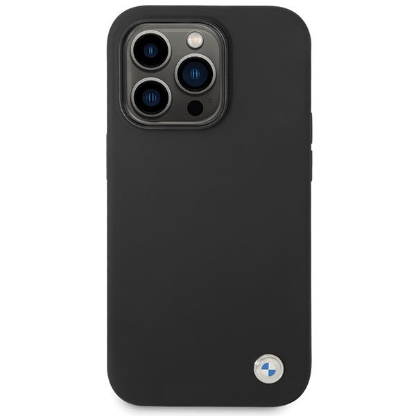 BMW silikoninis dėklas iPhone 15 Pro – juodas, metalinis logotipas