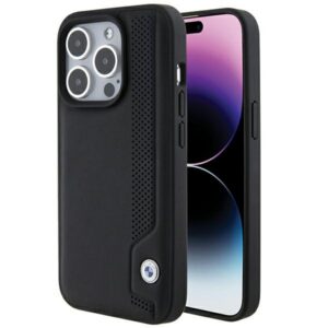 BMW Leather Blue Dots dėklas iPhone 15 Pro Max – juodas
