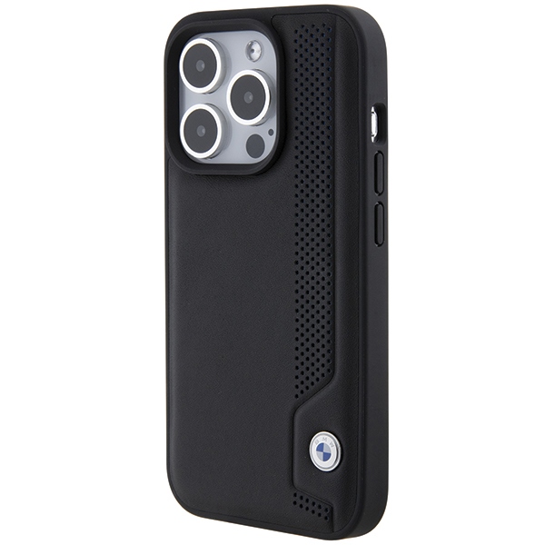 BMW Leather Blue Dots dėklas iPhone 15 Pro Max – juodas