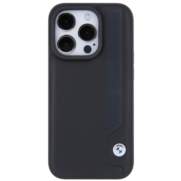 BMW Leather Blue Dots dėklas iPhone 15 Pro Max – juodas