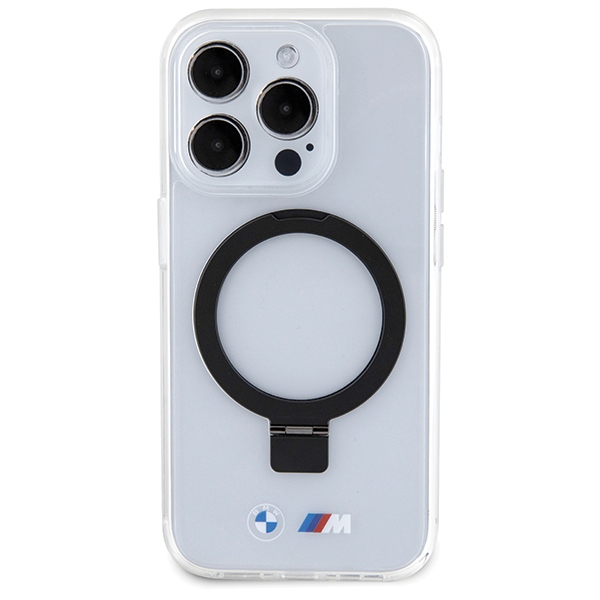 BMW MagSafe dėklas su žiedu ir stovu iPhone 15 Pro – skaidrus
