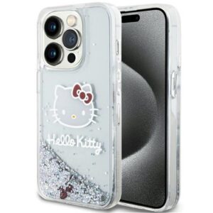 Hello Kitty blizgučių dėklas iPhone 15 Pro – sidabrinis