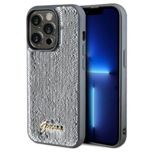 Guess Sequin Script Metal dėklas iPhone 14 Pro – sidabrinis