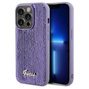 Guess Sequin Script Metal dėklas iPhone 14 Pro – violetinis