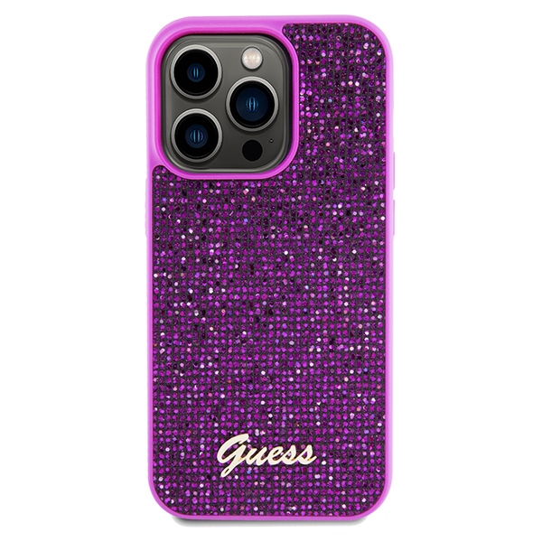 Guess Disco Metal Script dėklas iPhone 14 Pro Max – fuksija