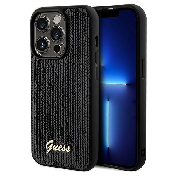 Guess Sequin Script Metal dėklas iPhone 14 Pro Max – juodas