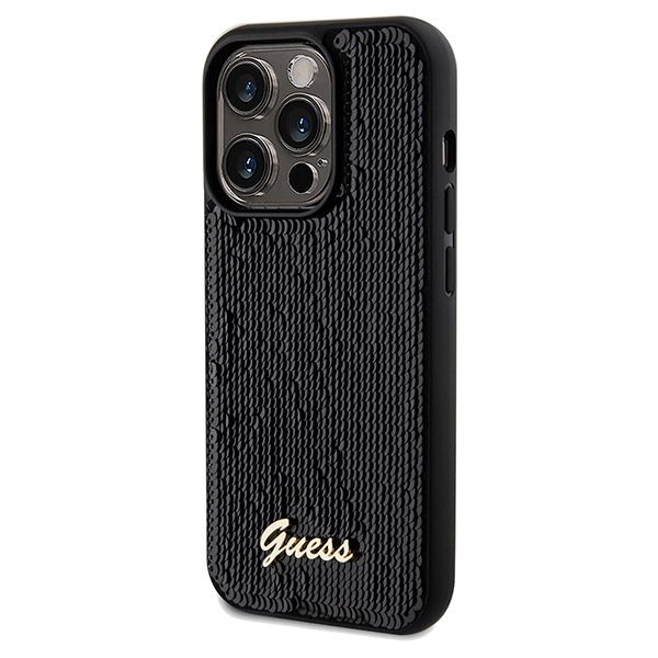 Guess Sequin Script Metal dėklas iPhone 14 Pro Max – juodas
