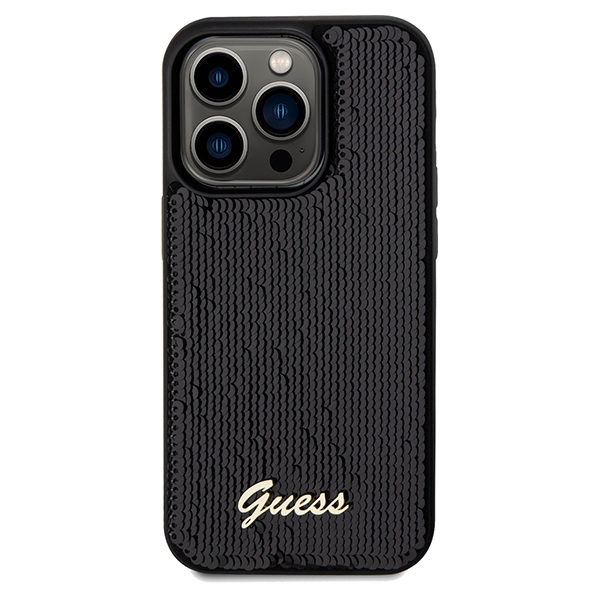 Guess Sequin Script Metal dėklas iPhone 14 Pro Max – juodas