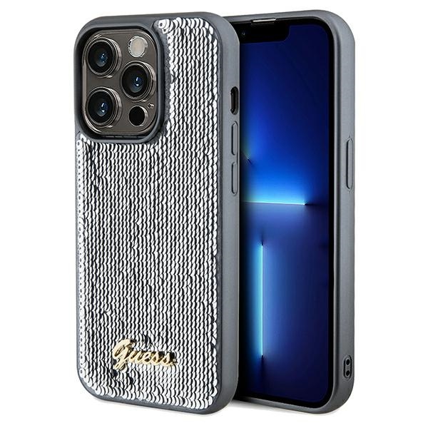 Guess Sequin Script Metal dėklas iPhone 14 Pro Max – sidabrinis