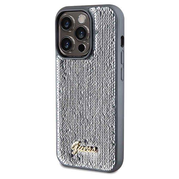 Guess Sequin Script Metal dėklas iPhone 14 Pro Max – sidabrinis