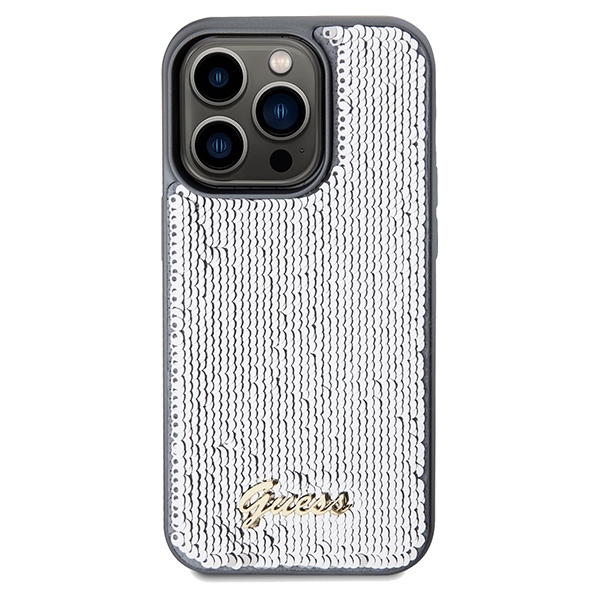 Guess Sequin Script Metal dėklas iPhone 14 Pro Max – sidabrinis
