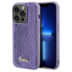 Guess Sequin Script Metal dėklas iPhone 14 Pro Max – violetinis