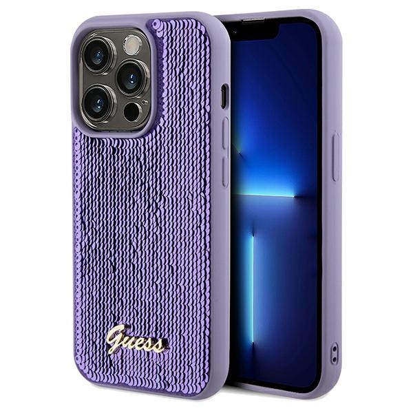 Guess Sequin Script Metal dėklas iPhone 14 Pro Max – violetinis