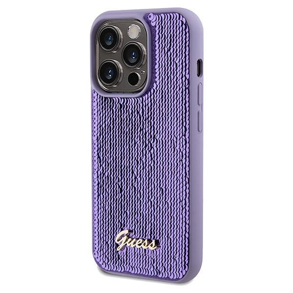 Guess Sequin Script Metal dėklas iPhone 14 Pro Max – violetinis