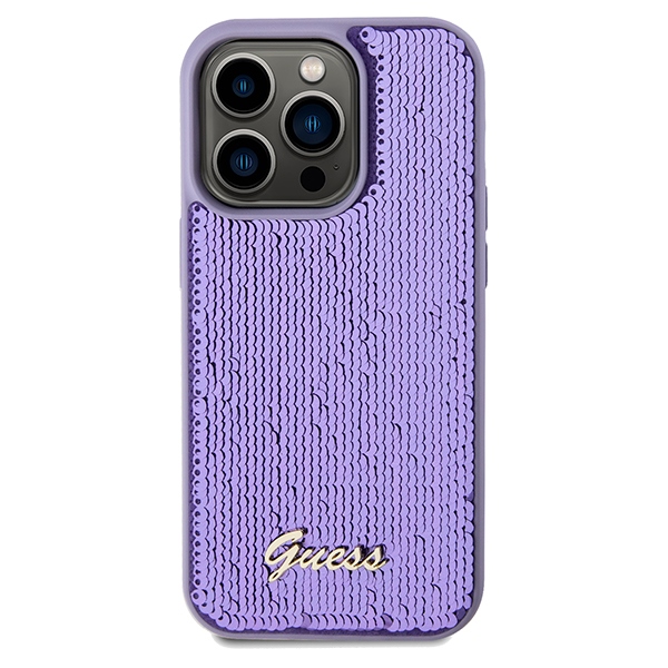 Guess Sequin Script Metal dėklas iPhone 14 Pro Max – violetinis