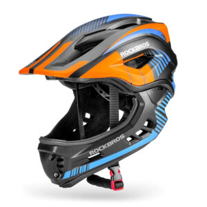 Rockbros TT-32SOBL-M vaikiškasis dviračio šalmas su nuimama bradelio apsauga, dydis M - juoda ir oranžinė