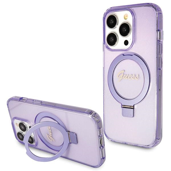 Guess MagSafe dėklas su žiedu-stovu iPhone 13 Pro Max – violetinis