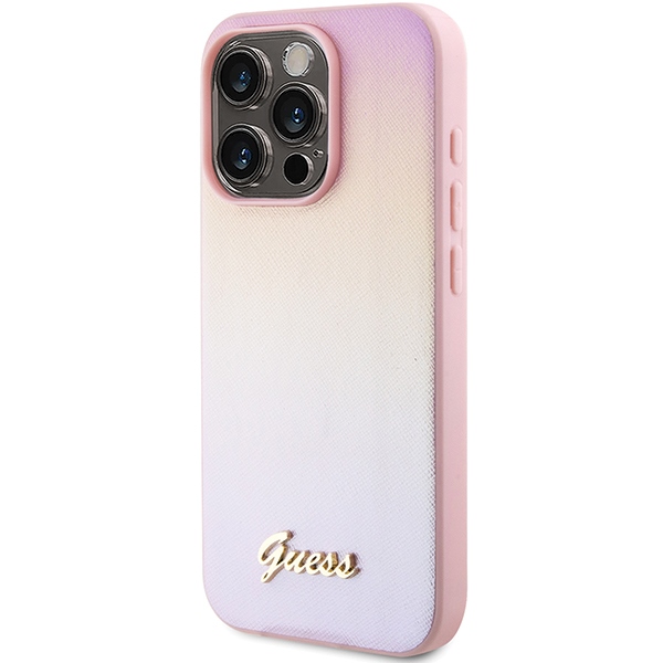 Guess Saffiano Iridescent Script dėklas iPhone 14 Pro Max – rožinis