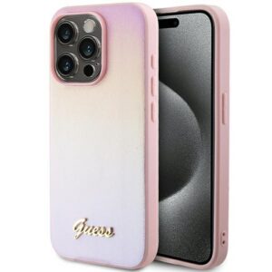 Guess Saffiano Iridescent dėklas iPhone 15 Pro – rožinis