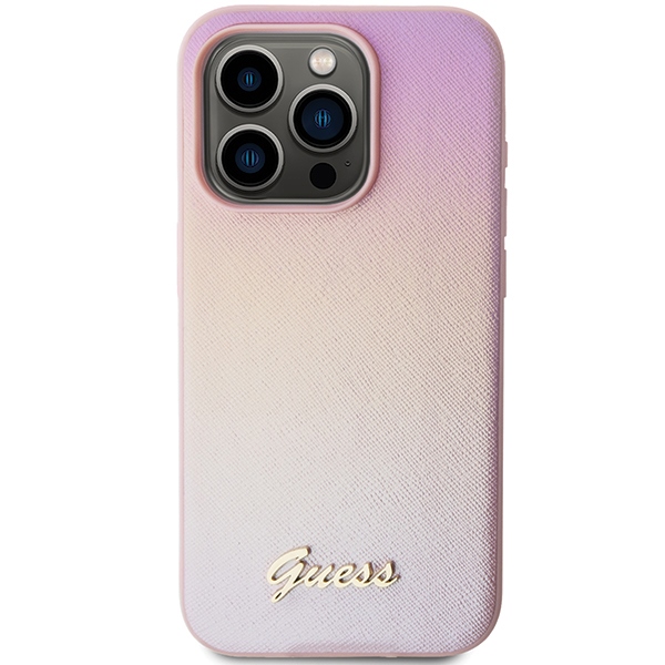 Guess Saffiano Iridescent dėklas iPhone 15 Pro – rožinis