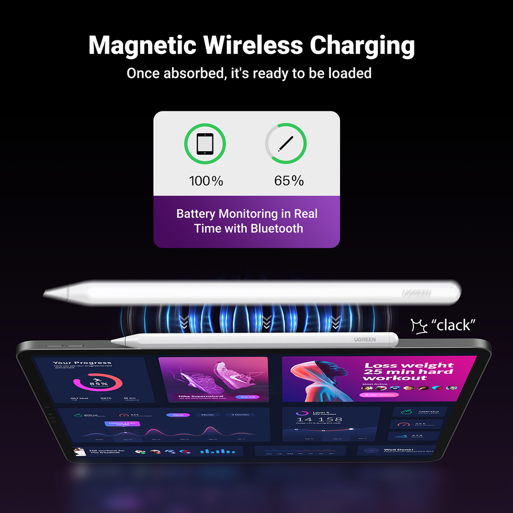 Ugreen LP653 liestinis pieštukas su belaidžiu įkrovimu iPad planšetėms – baltas