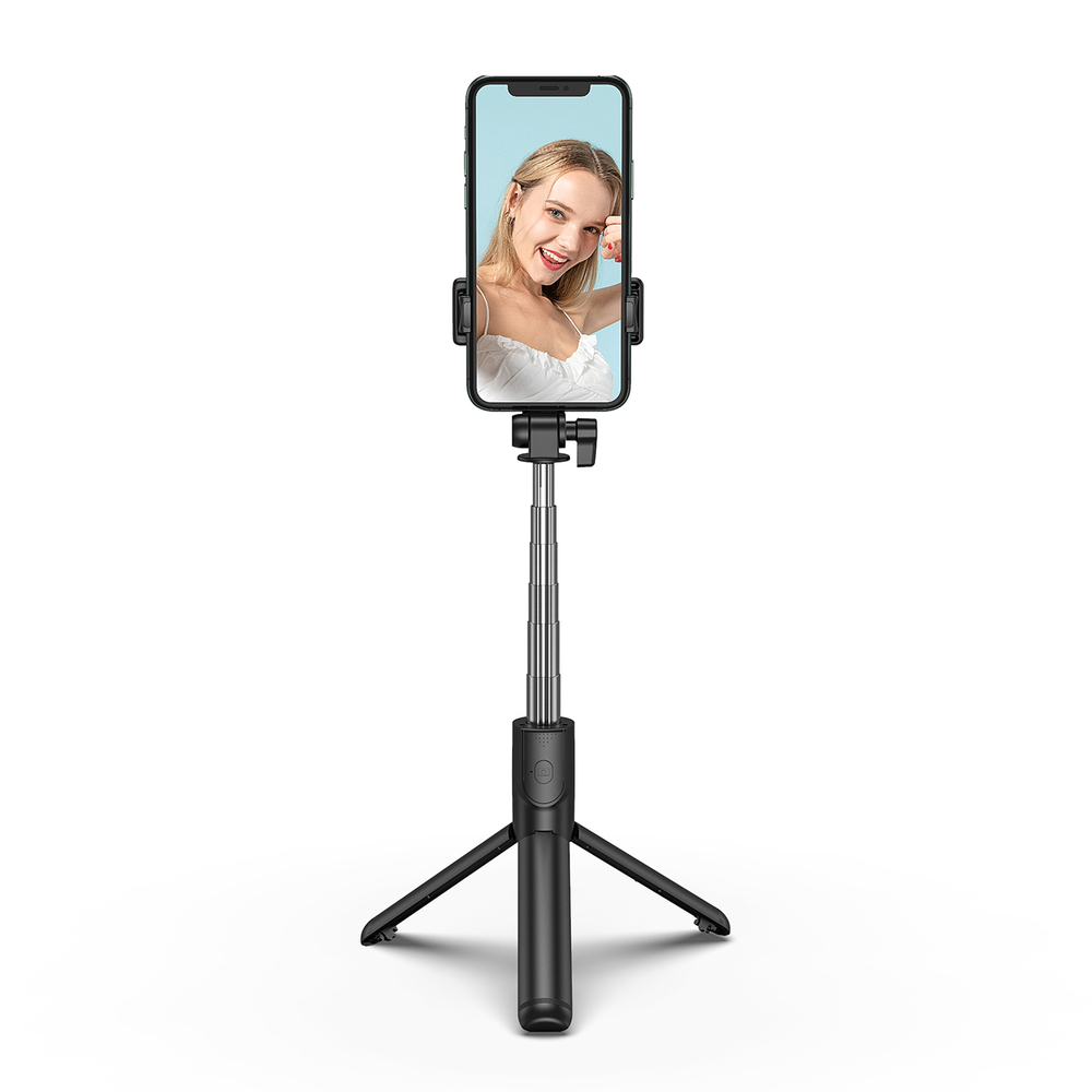 Selfie lazdelė WHS1Y teleskopinis trikojis 1 m su telefono laikikiu – juoda