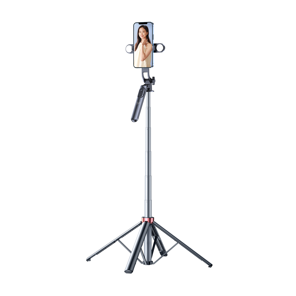 Selfie stick WH181D-Y1S 1,75 m aliuminio lydinys teleskopinis trikojis su dviguba lempa ir telefono laikiklio - juoda