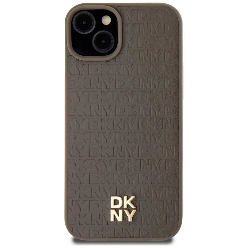 DKNY odinis MagSafe dėklas iPhone 15 Plus/14 Plus – rudas