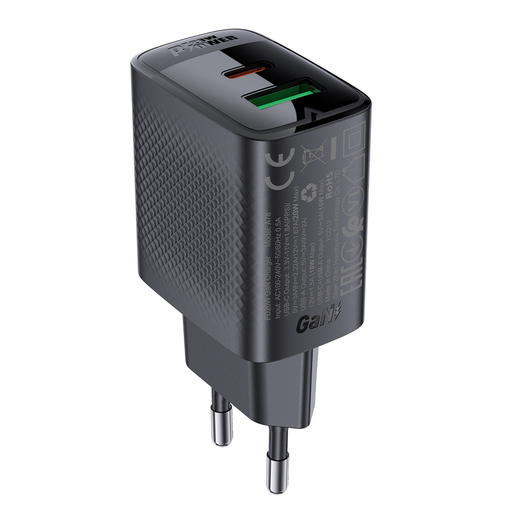 Acefast A78 GaN USB-A / USB-C PD 20W tinklo įkroviklis - juodas