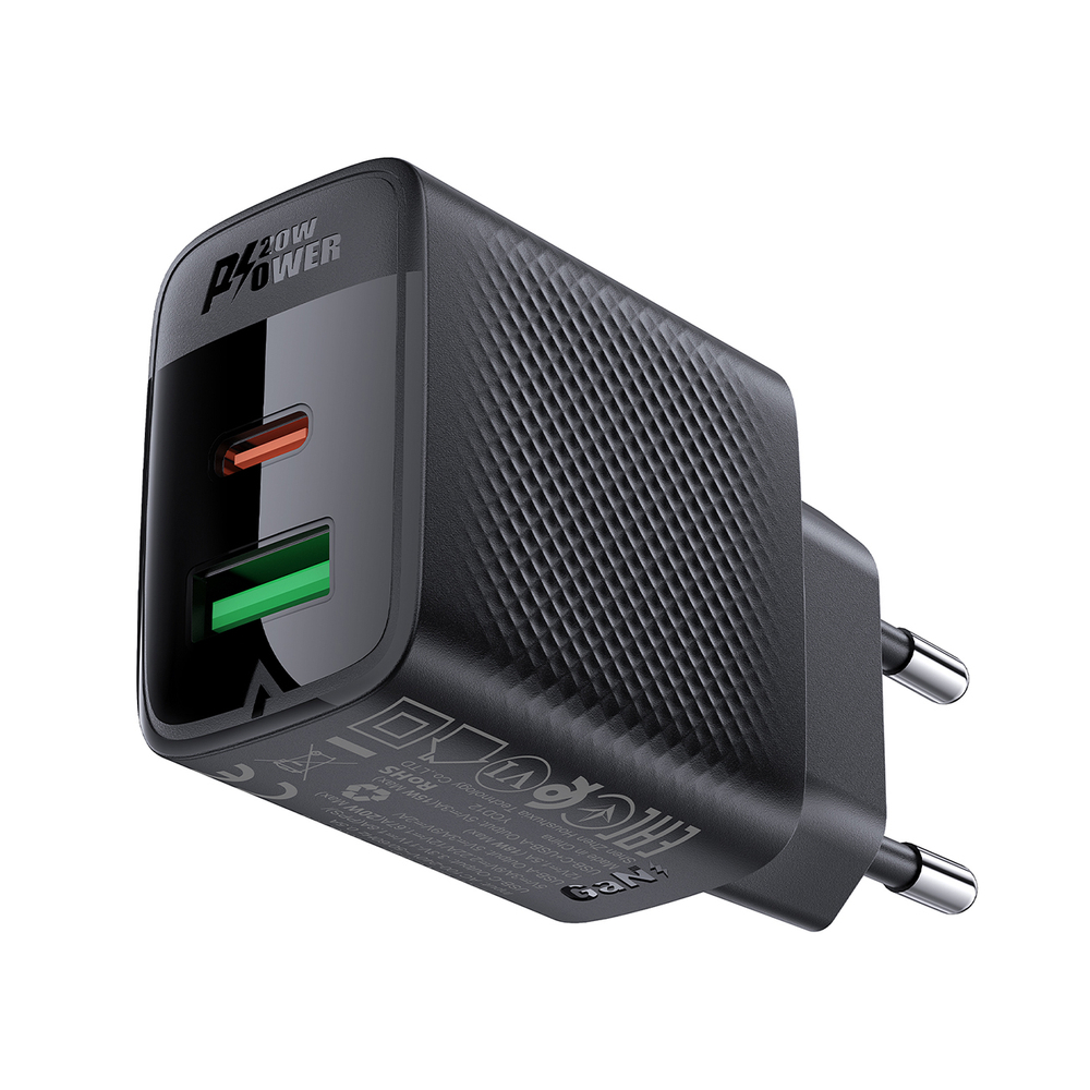 Acefast A78 GaN USB-A / USB-C PD 20W tinklo įkroviklis - juodas