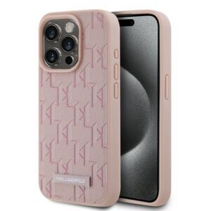 Karl Lagerfeld Leather Monogram Metal Logo dėklas iPhone 15 Pro - rožinis