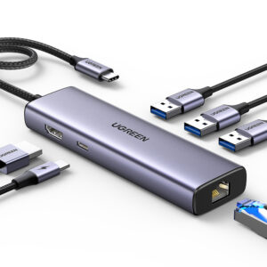 HUB Ugreen CM512 15598 6in1 USB-C - 3x USB-A 3.0 / HDMI / RJ45 / USB-C PD - pilkas