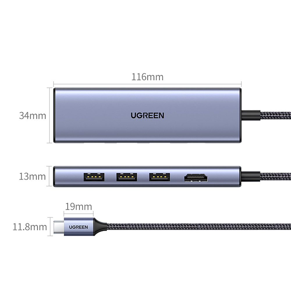 HUB Ugreen CM511 20956A 6in1 USB-C - HDMI / 3x USB-A 3.0 / SD/TF kortelių skaitytuvas - pilkas