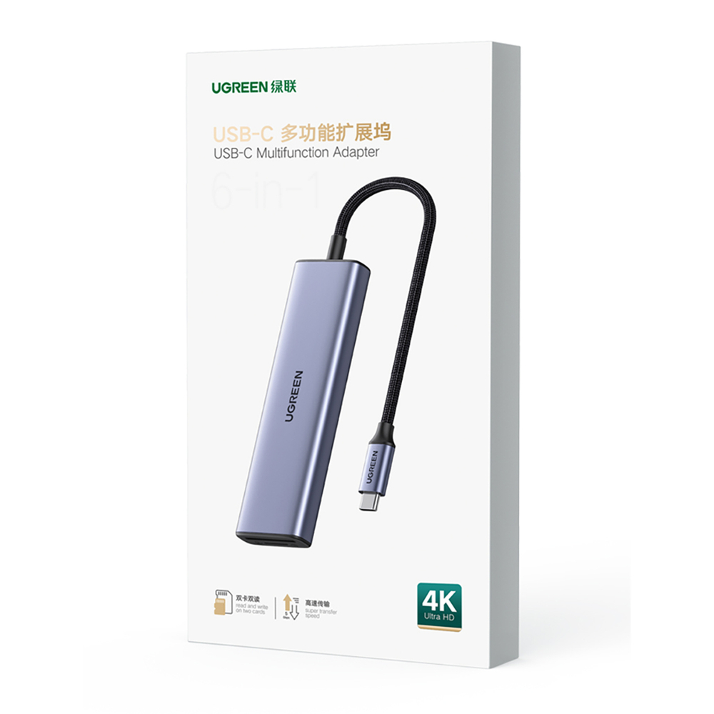 HUB Ugreen CM511 20956A 6in1 USB-C - HDMI / 3x USB-A 3.0 / SD/TF kortelių skaitytuvas - pilkas