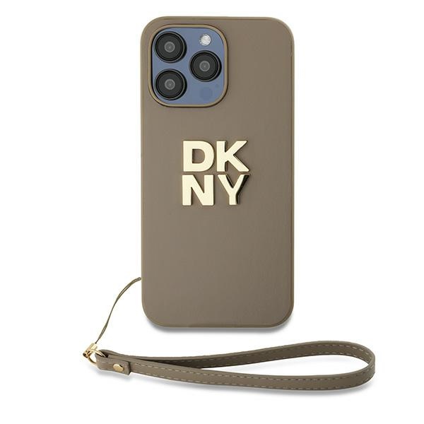 DKNY dėklas iPhone 15 Pro su riešo dirželiu – smėlio