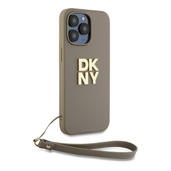 DKNY dėklas iPhone 15 Pro su riešo dirželiu – smėlio