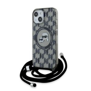 Karl Lagerfeld MagSafe dėklas iPhone 15/14/13 – juodas, su dirželiu