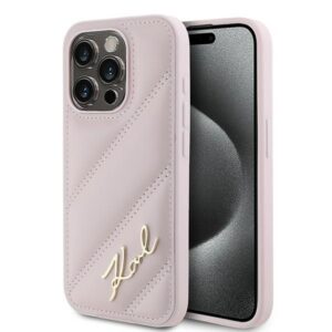 Karl Lagerfeld Diagonal Quilted Script dėklas iPhone 15 Pro – rožinis