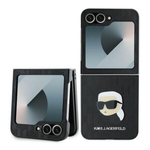Karl Lagerfeld Saffiano monograminis dėklas, skirtas Samsung Galaxy Z Flip 6 – juodas