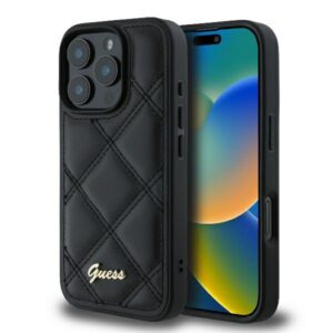Guess dėklas iPhone 16 Pro – juodas, Quilted Metal Logo