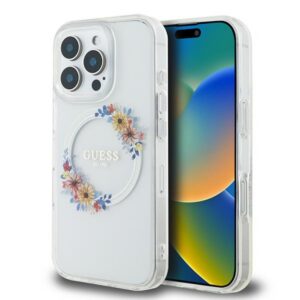 Guess MagSafe dėklas iPhone 16 Pro – skaidrus