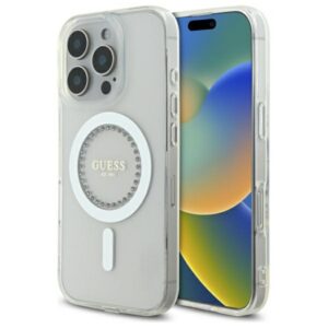 Guess MagSafe dėklas iPhone 16 Pro – baltas, su kristalais