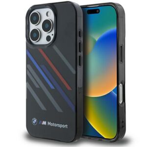 BMW Motorsport IML Random Stripes dėklas iPhone 16 Pro – juodas