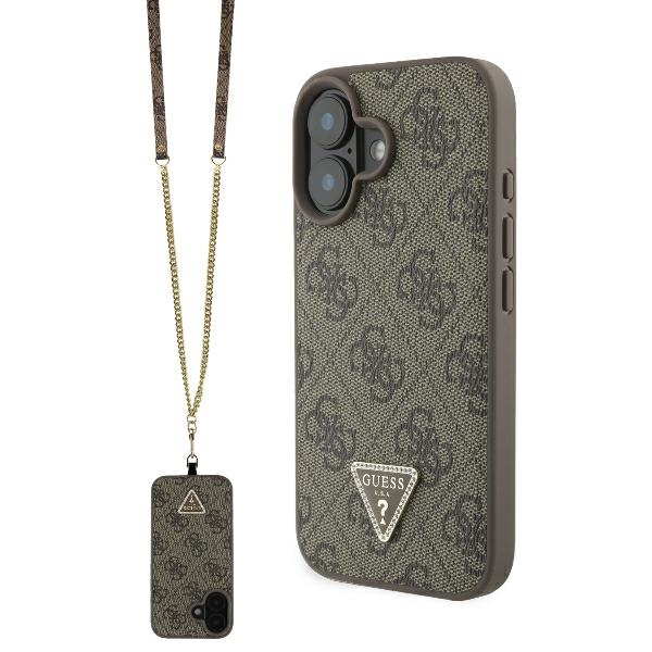 Guess odinis dėklas su dirželiu iPhone 16 – rudas