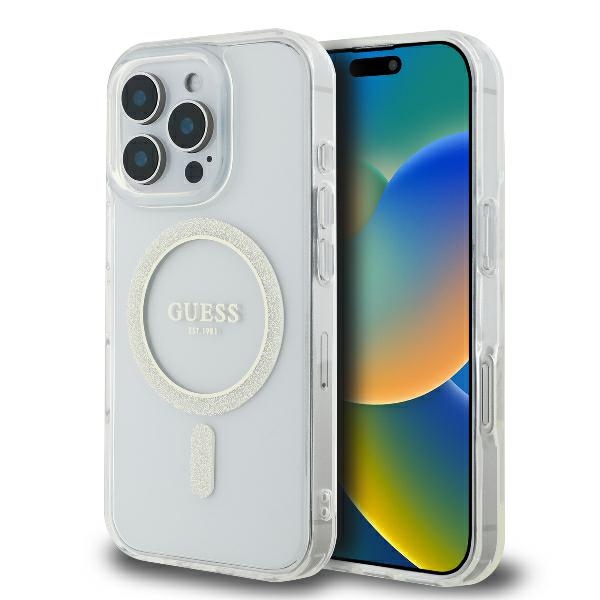 Guess GUHMP16LHFGERET iPhone 16 Pro 6.3" skaidrus kietas dėklas IML Blizgučių ratas MagSafe