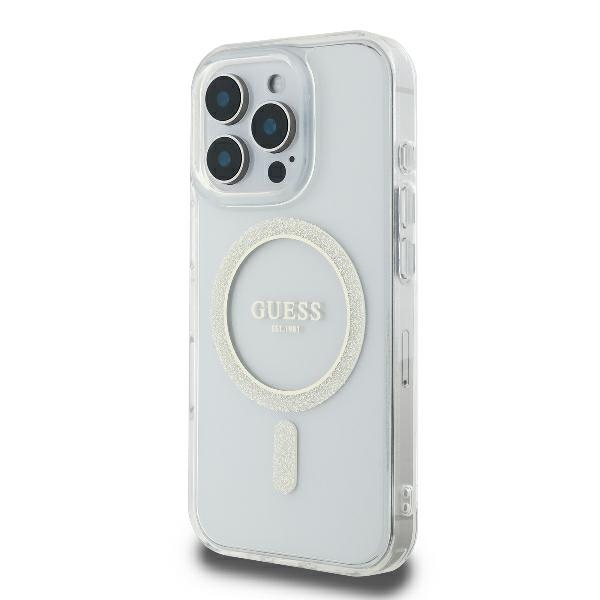 Guess GUHMP16LHFGERET iPhone 16 Pro 6.3" skaidrus kietas dėklas IML Blizgučių ratas MagSafe