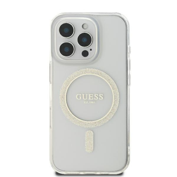 Guess GUHMP16LHFGERET iPhone 16 Pro 6.3" skaidrus kietas dėklas IML Blizgučių ratas MagSafe