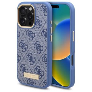 Guess 4G Logo Plate MagSafe dėklas iPhone 16 Pro – mėlynas