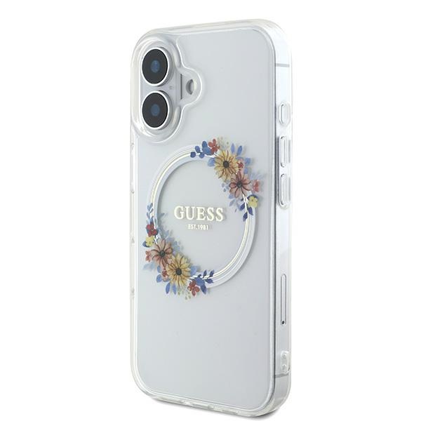 Guess IML Flowers Wreath MagSafe dėklas iPhone 16 Plus – skaidrus