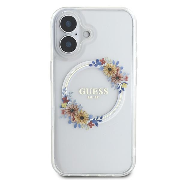 Guess IML Flowers Wreath MagSafe dėklas iPhone 16 Plus – skaidrus